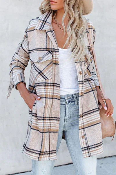 Casual Plaid Tassel Buckle Turndown Collar Outerwear