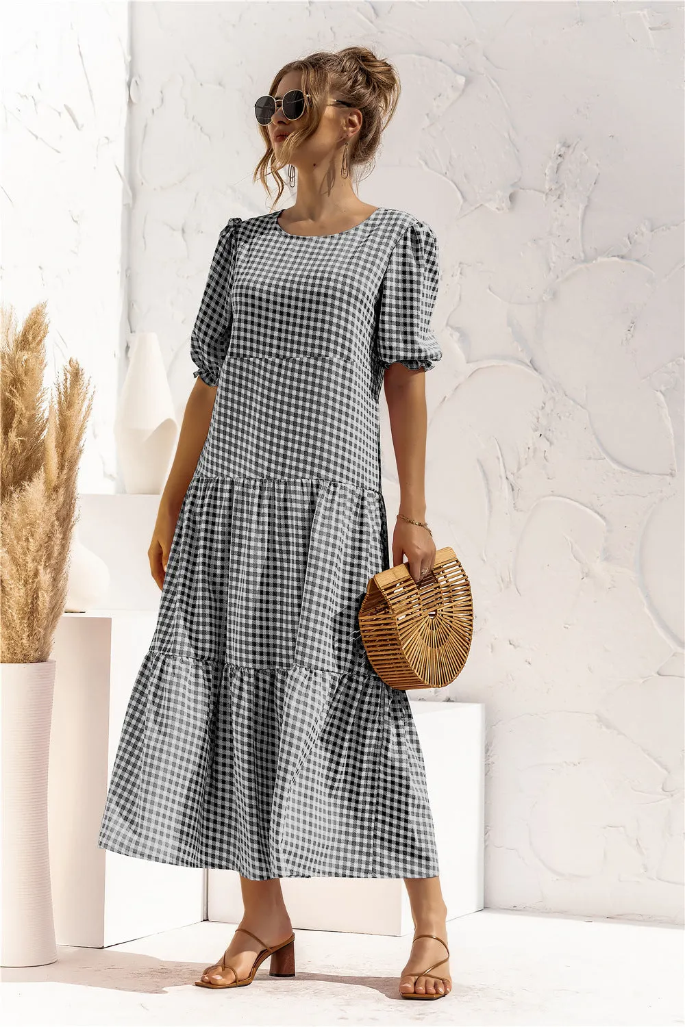 Brownm Sleeve Dot Plaid Urban Style Loose Stitching Long Dress