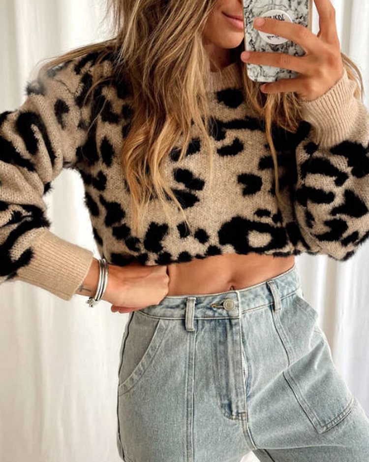 Khaki Leopard Print Knit Fashion Ladies Top