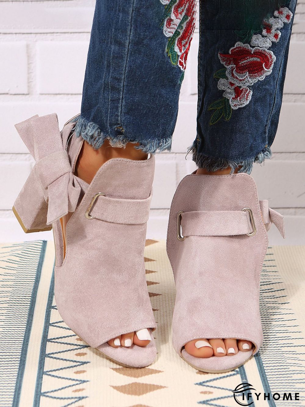 Women's Bow Decor Peep-Toe Chunky Heel Sandals Bootie | IFYHOME