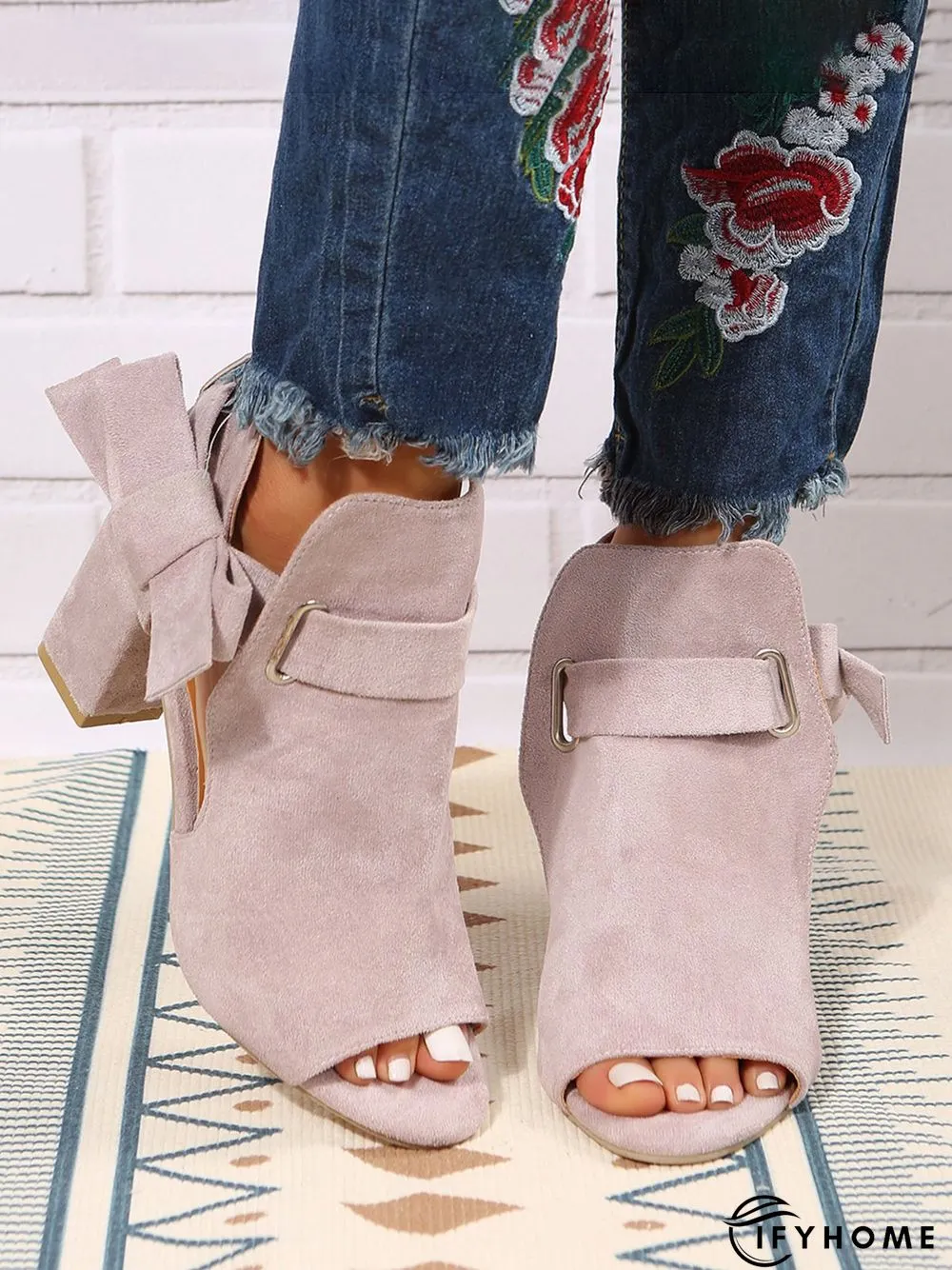 Women's Bow Decor Peep-Toe Chunky Heel Sandals Bootie | IFYHOME