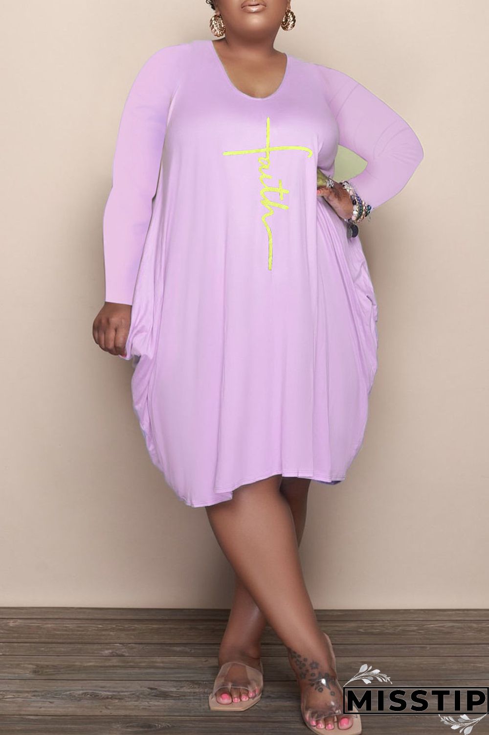 Purple Casual Print Patchwork U Neck Long Sleeve Plus Size Dresses