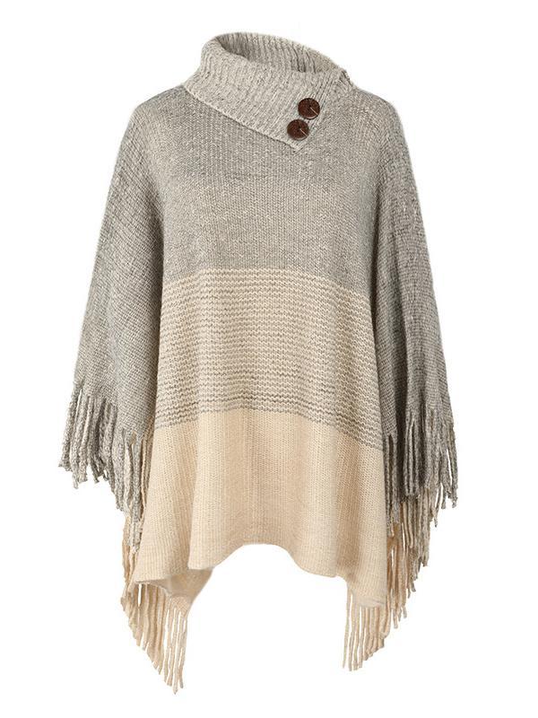 Women's Scoop Neck 3/4 Sleeve Knit Shawl Fringed Hem Colorblock Sweater Top