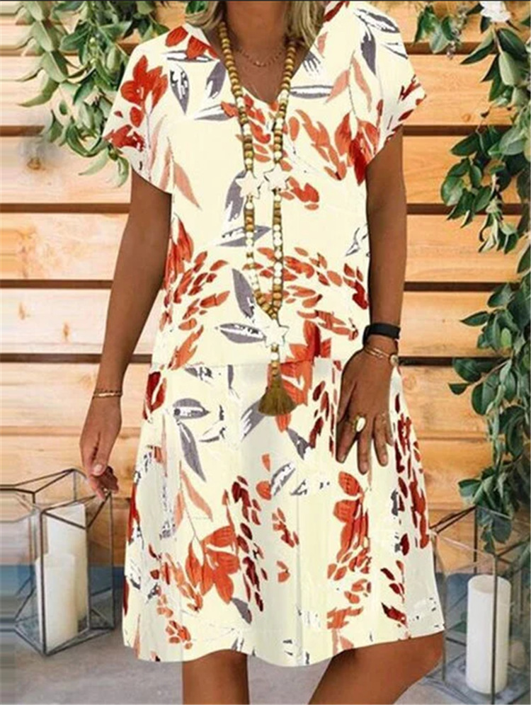 Vintage Cotton Linen Party Short Dress Women Casual Short Sleeve Floral Printed Bohemian Sundress
