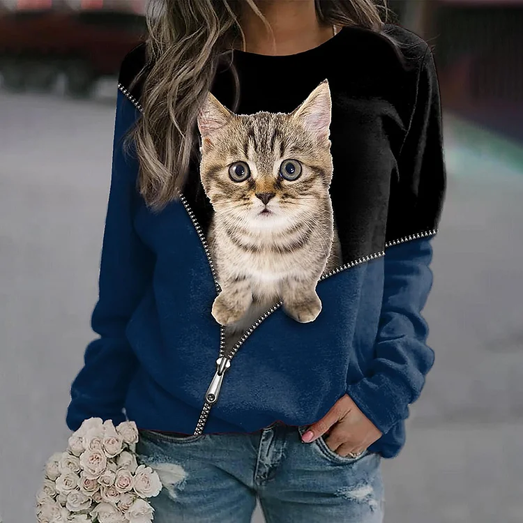 Wearshes Zip Cat Print Crew Neck Casual Sweatshirt