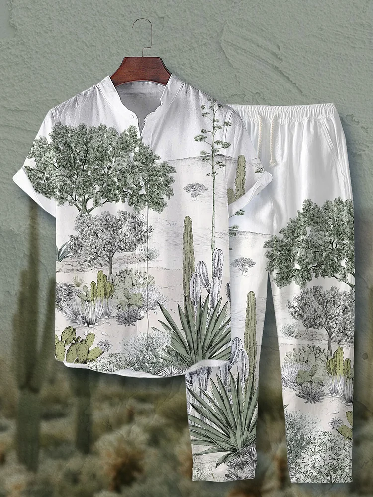 Men's Cactus Plants Nature Art Print Short Sleeve Shirt Casual Pants Matching Set