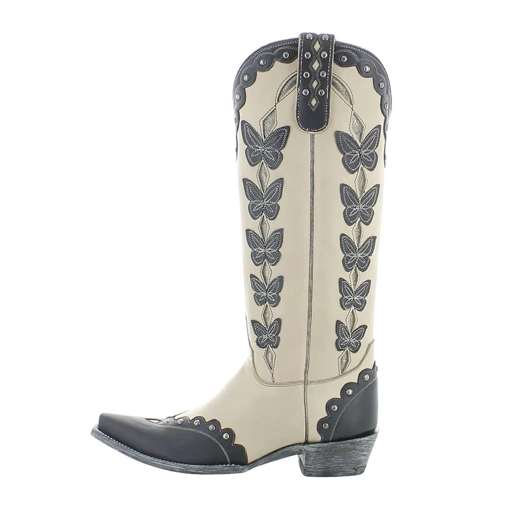 Black & Beige Butterfly Studded Patchwork Western Boots for Women