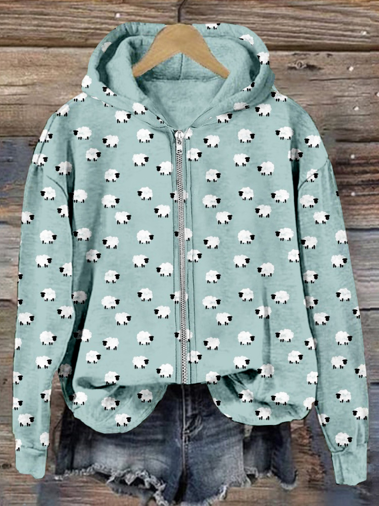 Cute Cartoon Sheep Graphic Zip Up Comfy Hoodie wearshes