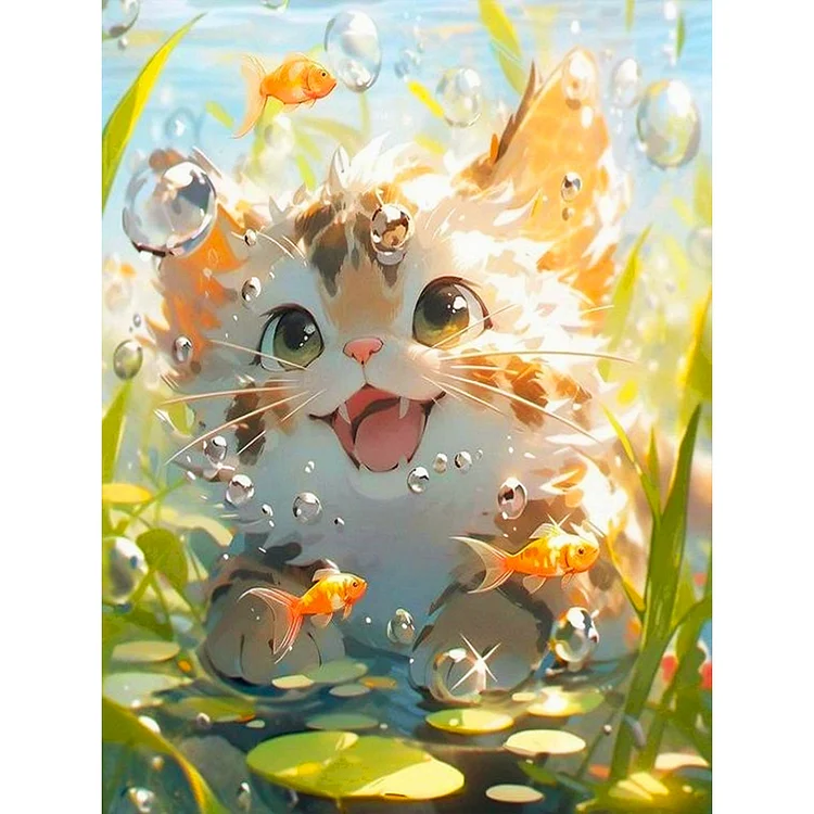 Cat Watching Fish At The Bottom Of The River 30*40CM(Canvas) Full Round Drill Diamond Painting gbfke