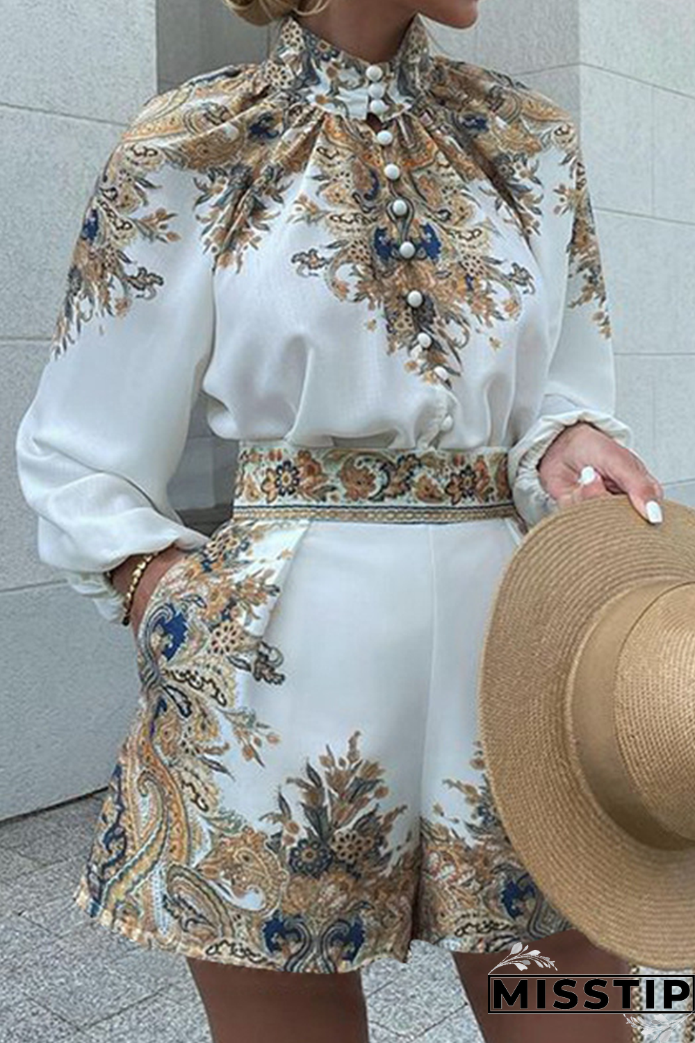 White Casual Print Patchwork Half A Turtleneck Long Sleeve Two Pieces