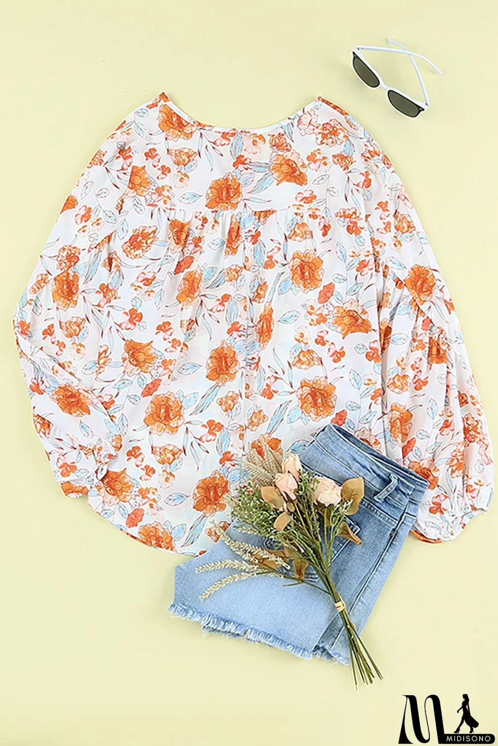 MidiSono - Split V Neck Floral Print Dolman Blouse