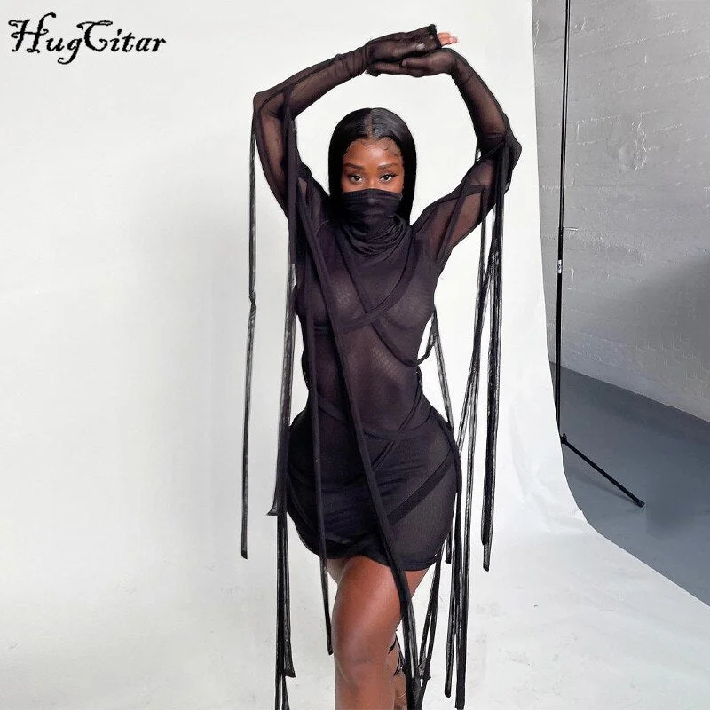 Hugxitar 2021 Long Sleeve Mesh See-Through Bandage Sexy Mini Dress Summer Women Streetwear Outfits Y2K Chic Party Club Clothing