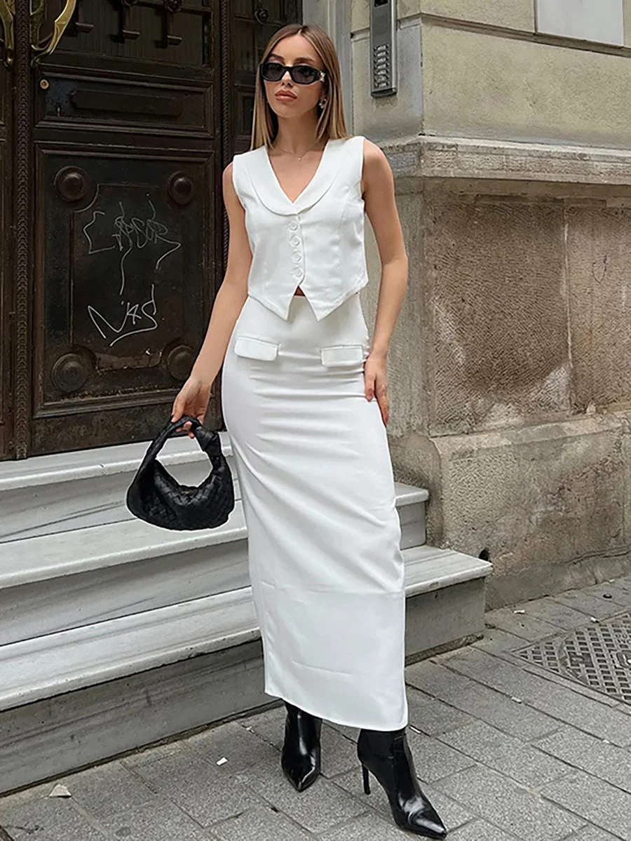 Women's Sleeveless Blazer and Ankle Maxi Skirt Set