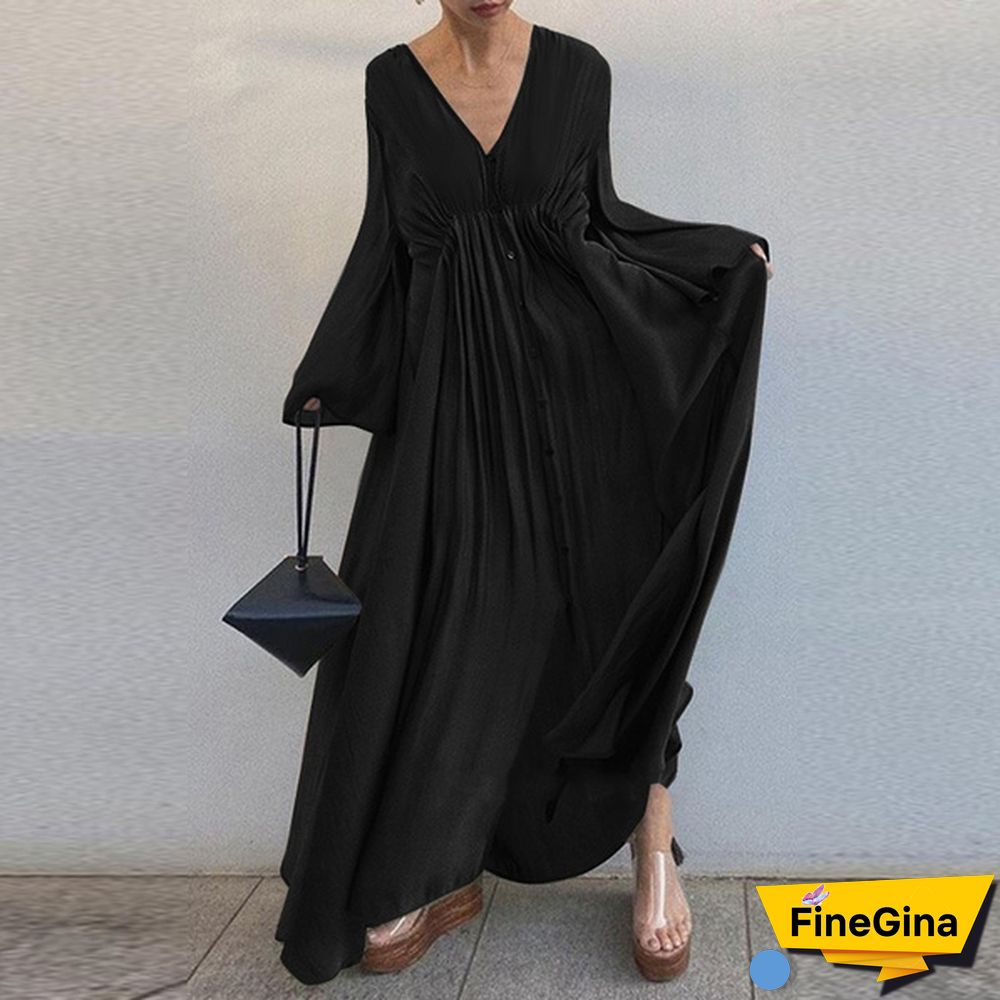 ZANZEA Women Summer V-Neck Long Sleeved Plus Size Casual Loose Long Dress Clubbing Dresses