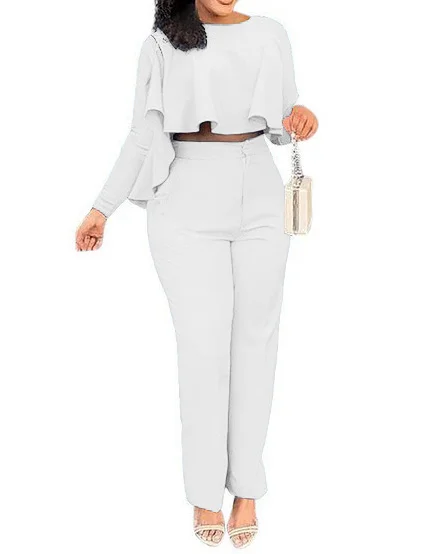 Two-piece long-sleeved high-waisted wide-leg pants with ruffles