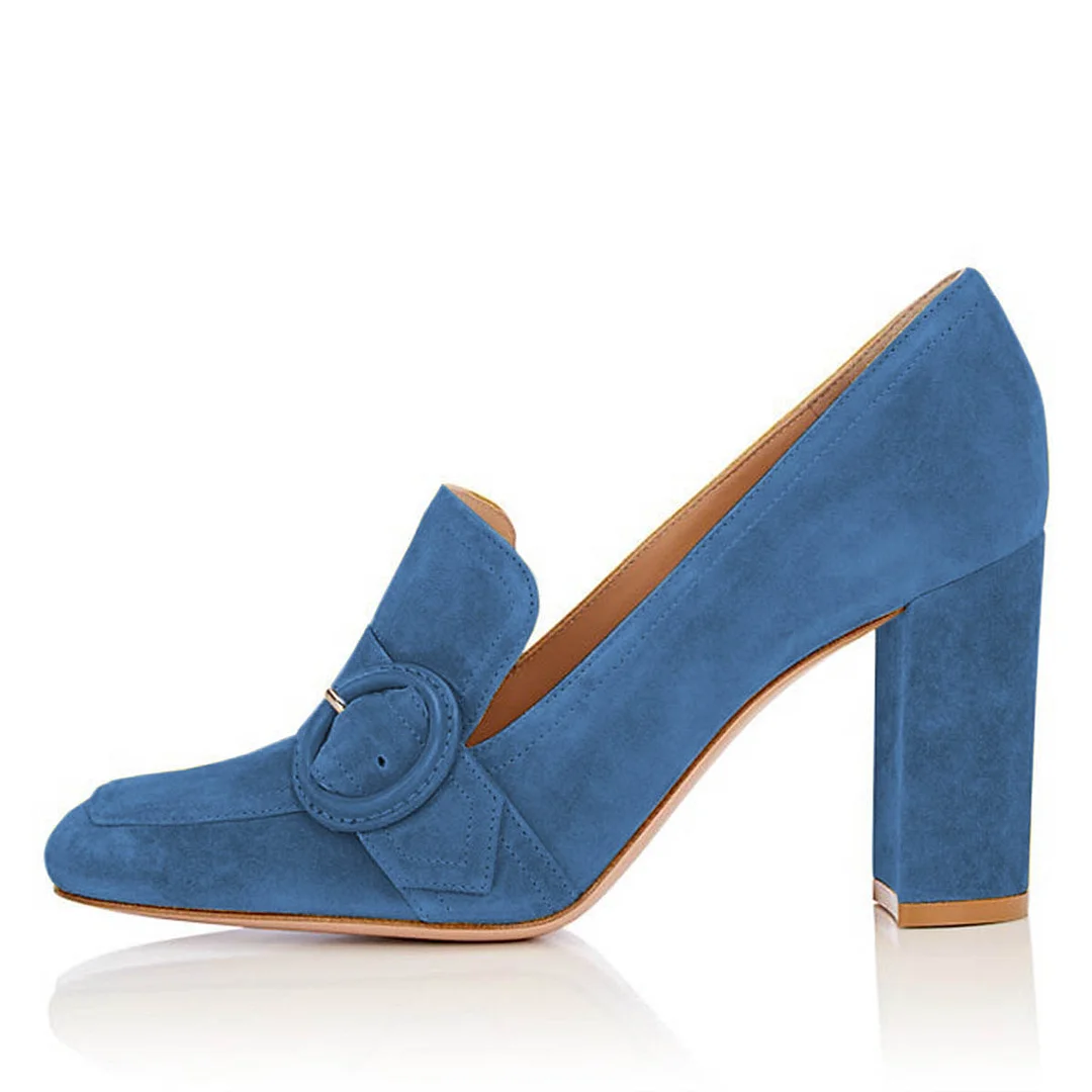 Simple Round Buckle Vegan Suede Square Toe Loafer Heels in Blue