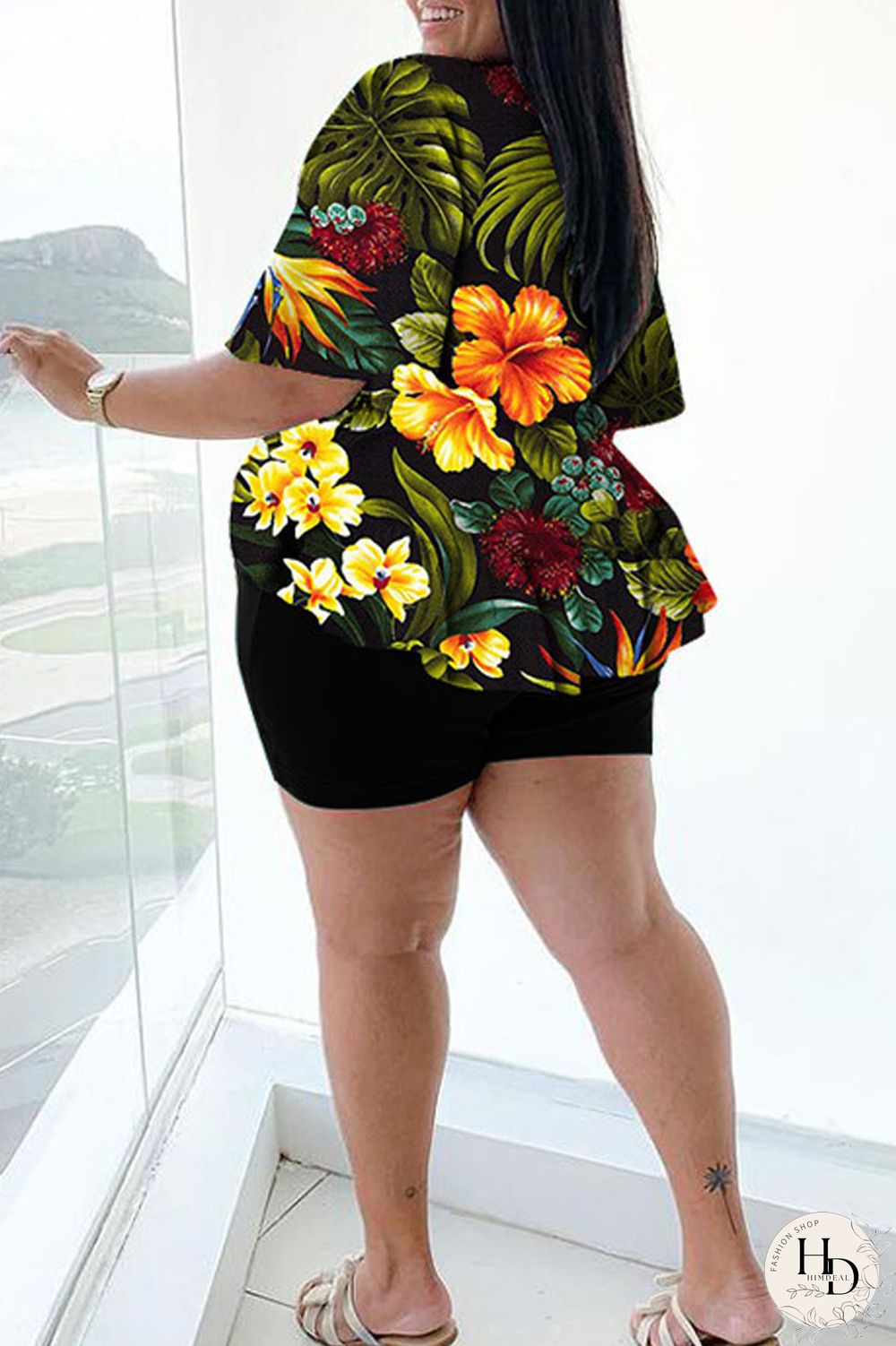 Blue Casual Print Bandage Split Joint V Neck Plus Size Two Pieces