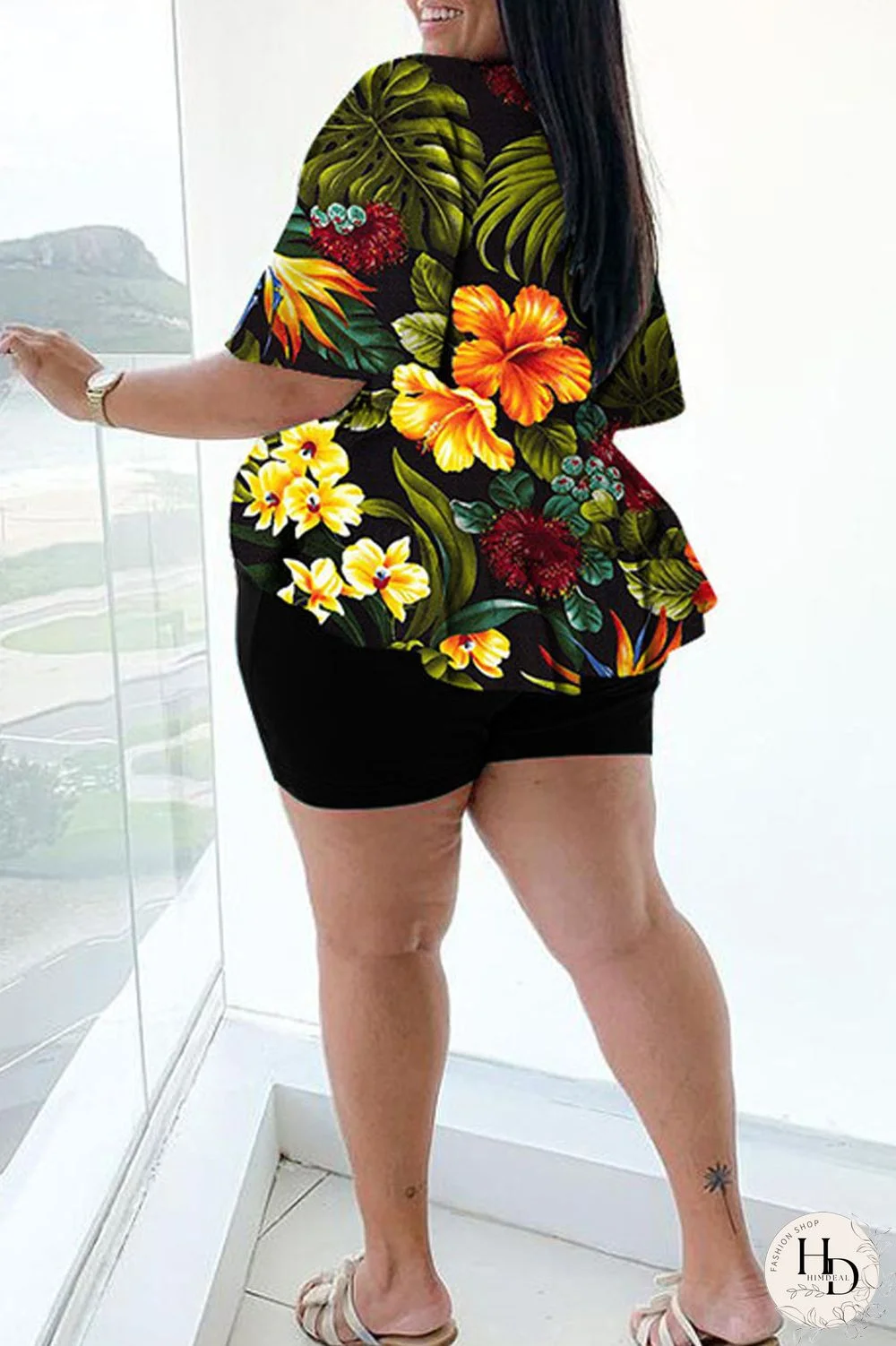 Blue Casual Print Bandage Split Joint V Neck Plus Size Two Pieces