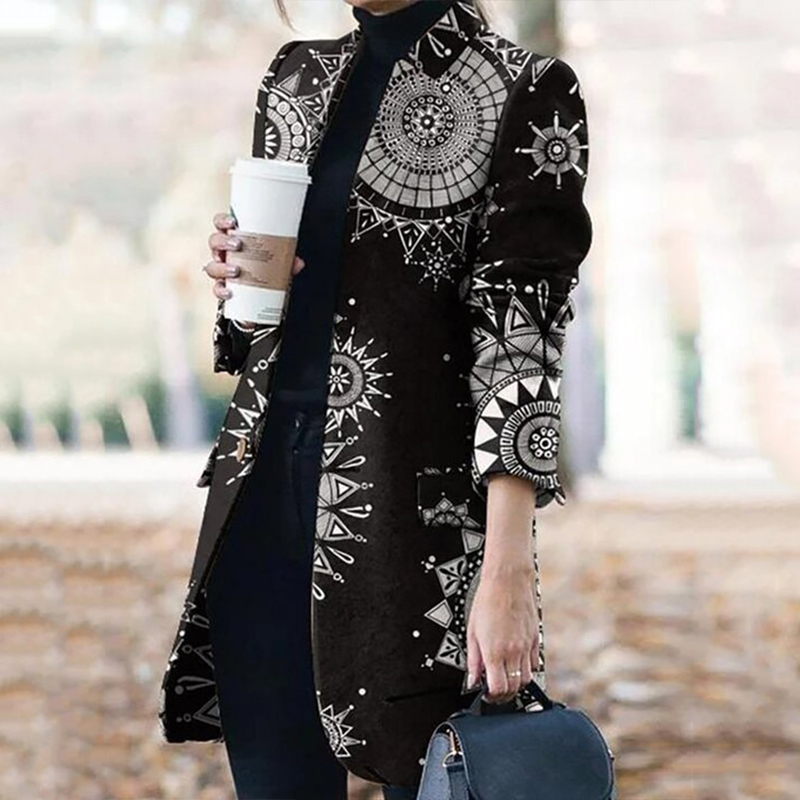 Printed Loose Collar Woolen Coat wearshes