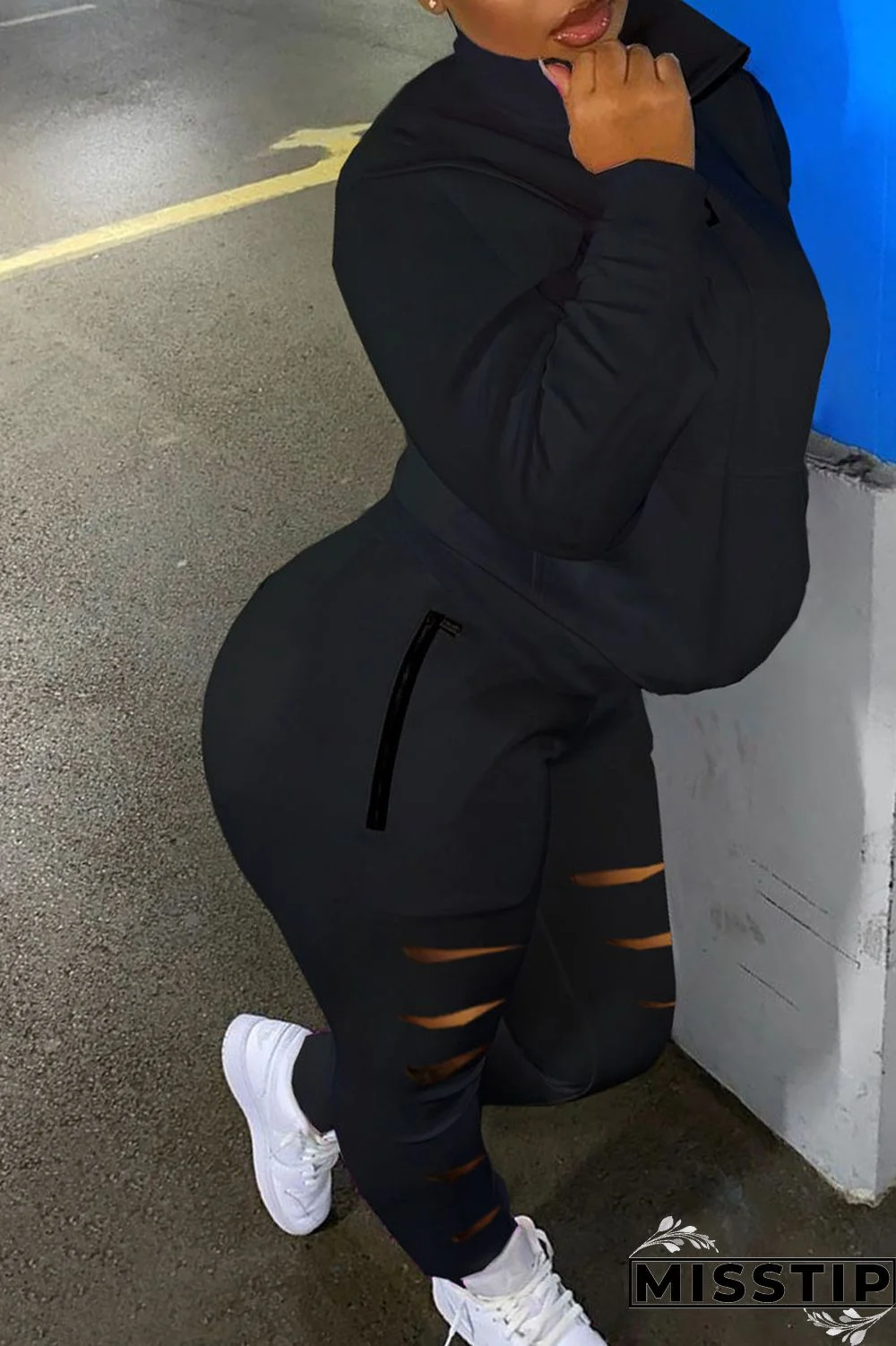 Coffee Casual Sportswear Solid Hollowed Out Patchwork Zipper Collar Long Sleeve Two Pieces