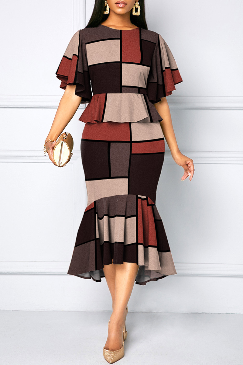 Brown Street Plaid Flounce O Neck Trumpet Mermaid Dresses