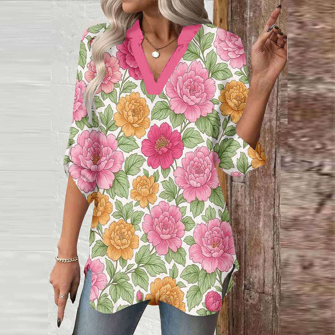 Women Floral, Green, Red DZGA0106 3/4 Sleeve V-neck Printed Graphic Button Tops