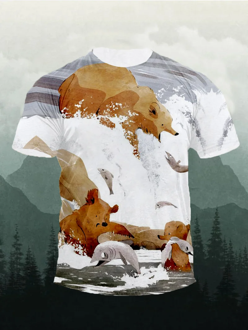 Fishing Bears Print Short Sleeve Men's T-Shirt in  mildstyles