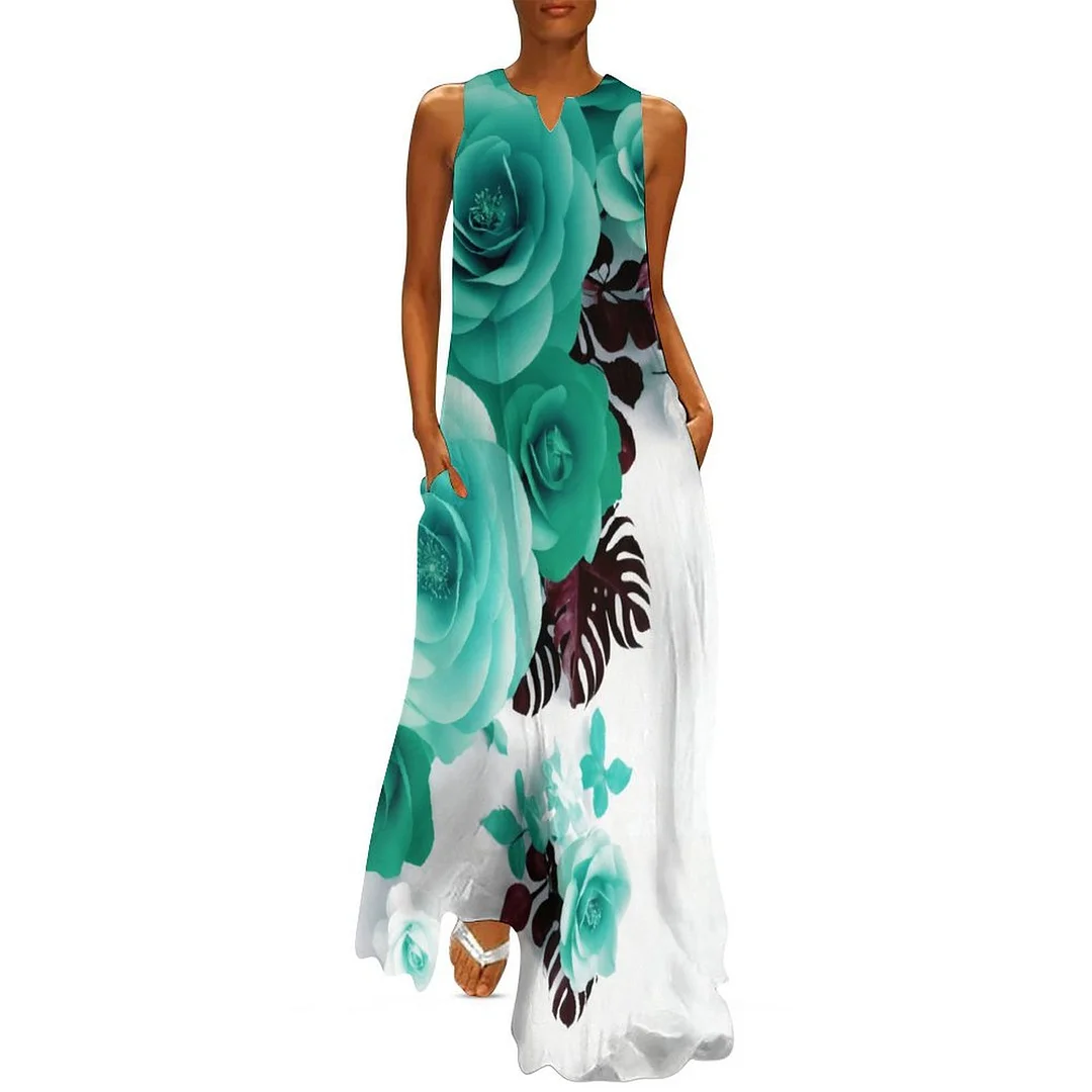 Style & Comfort for Mature Women Plus Size Printed Sleeveless Casual Women Maxi Dress with Pockets in Pattern Turquoise, Floral, Green, Rose