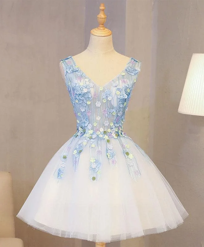 Cute Blue Lace Applique Short Prom Dress