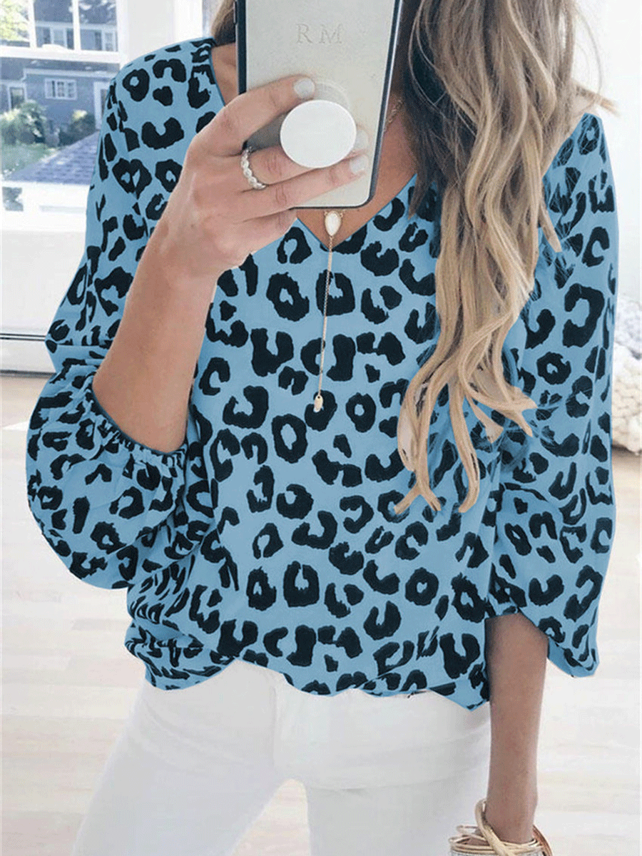 Leopard V-neck Lantern Sleeve Casual T-shirt