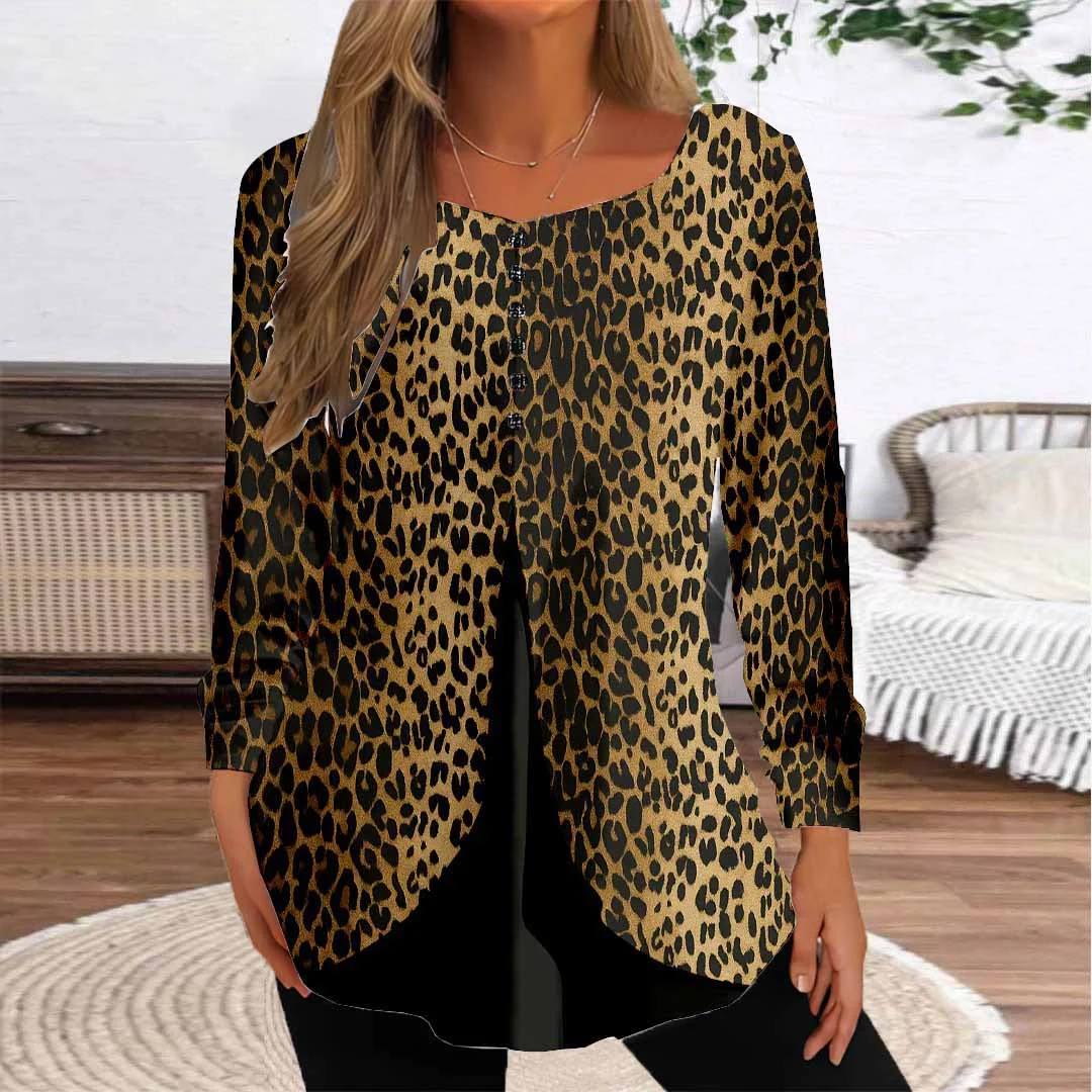 Women Leopard Printed,Brown DZGG8318 Long Sleeve Scoop Neck Printed Graphic Button Fake 2in1 Tops