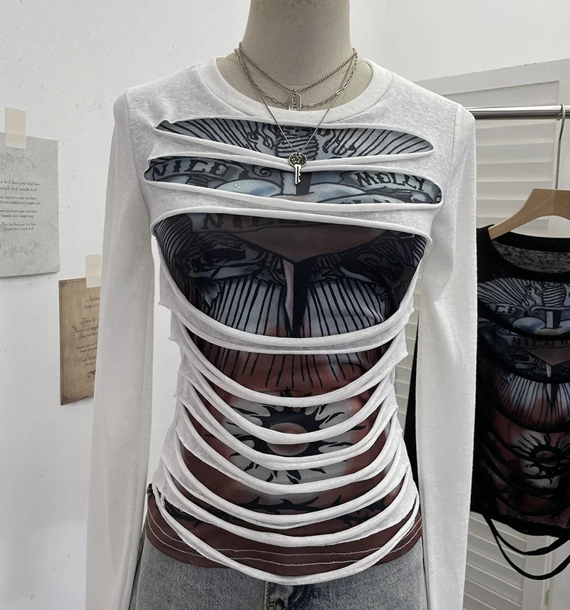 Uveng Real Shooting Design Y2k Vintage T-Shirt Prints Long-Sleeved T-Shirt Slimming Bottom Top 1176