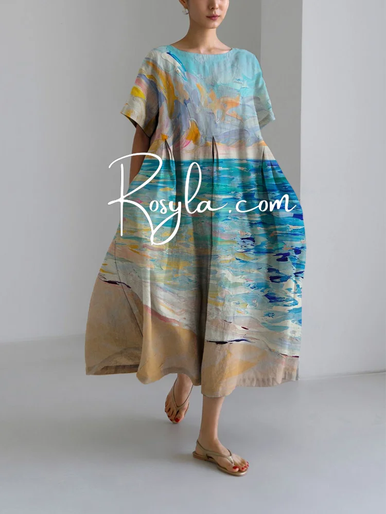 Women's Summer Vacation Beach Printing Loose Round Neck Medium Length Skirt Dress
