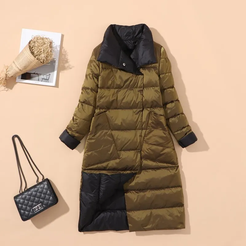 FTLZZ New Autumn Winter Women Double Sided Ultra Light Long Down Coat 90% White Duck Down Parkas Warm Snow Plaid Outwear