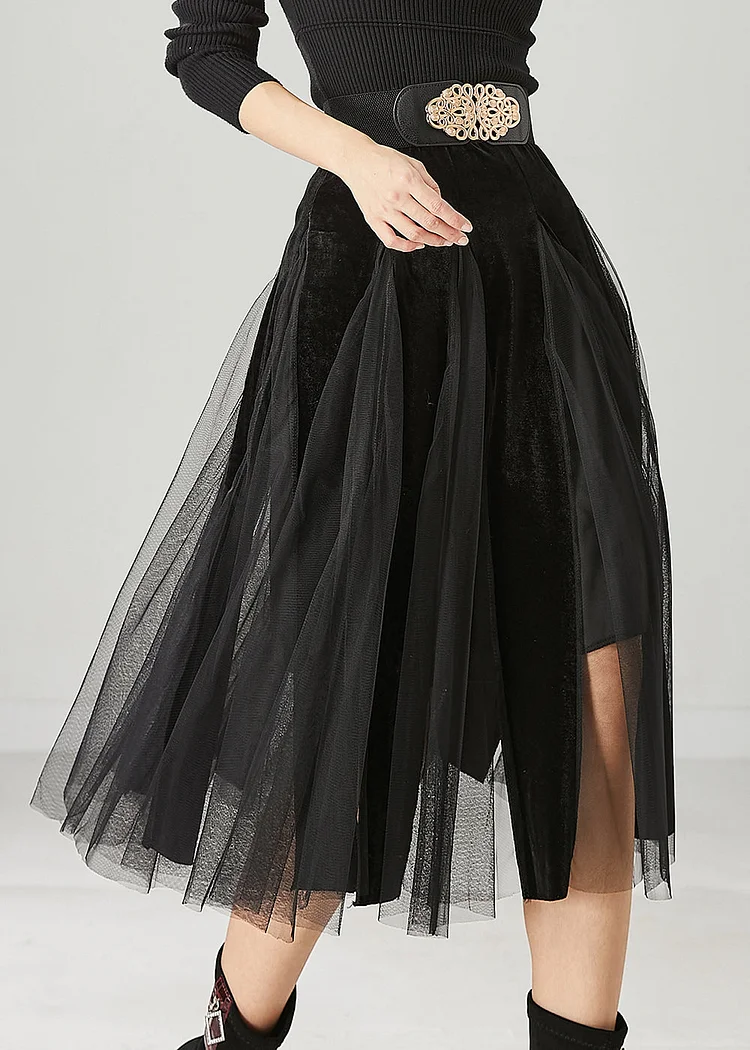 Women Black High Waist Patchwork Tulle Velvet Dress Spring
