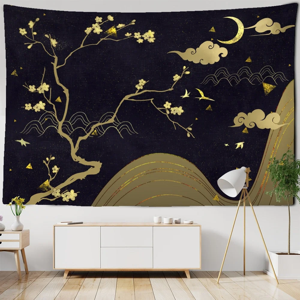 Crane Chinese Painting Blanket Tapestry Wall Hanging Bohemian Nordic Style Landscape Bedroom Home Decor
