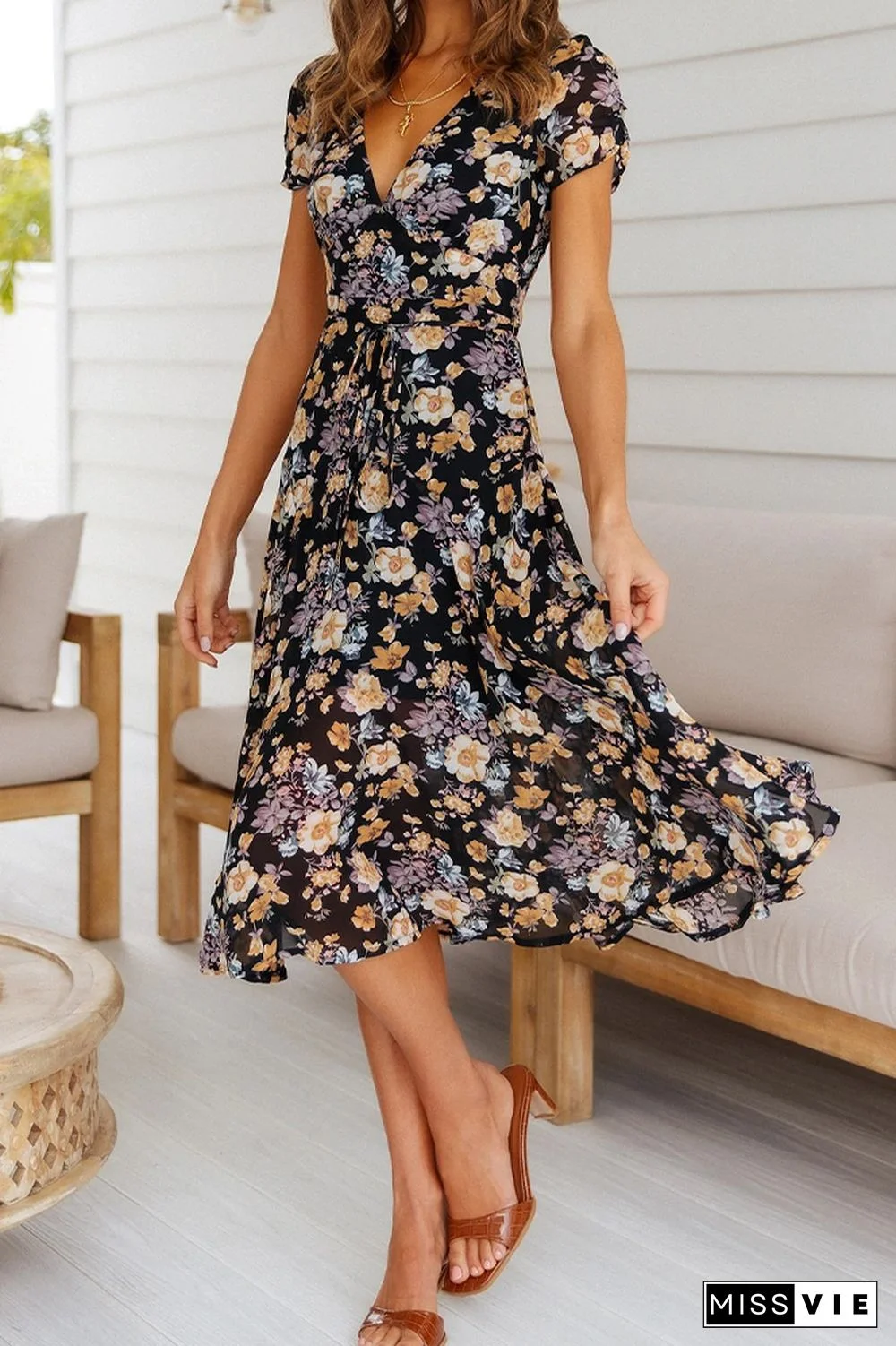 V Neck Short Sleeve Waist Tie Floral Dress