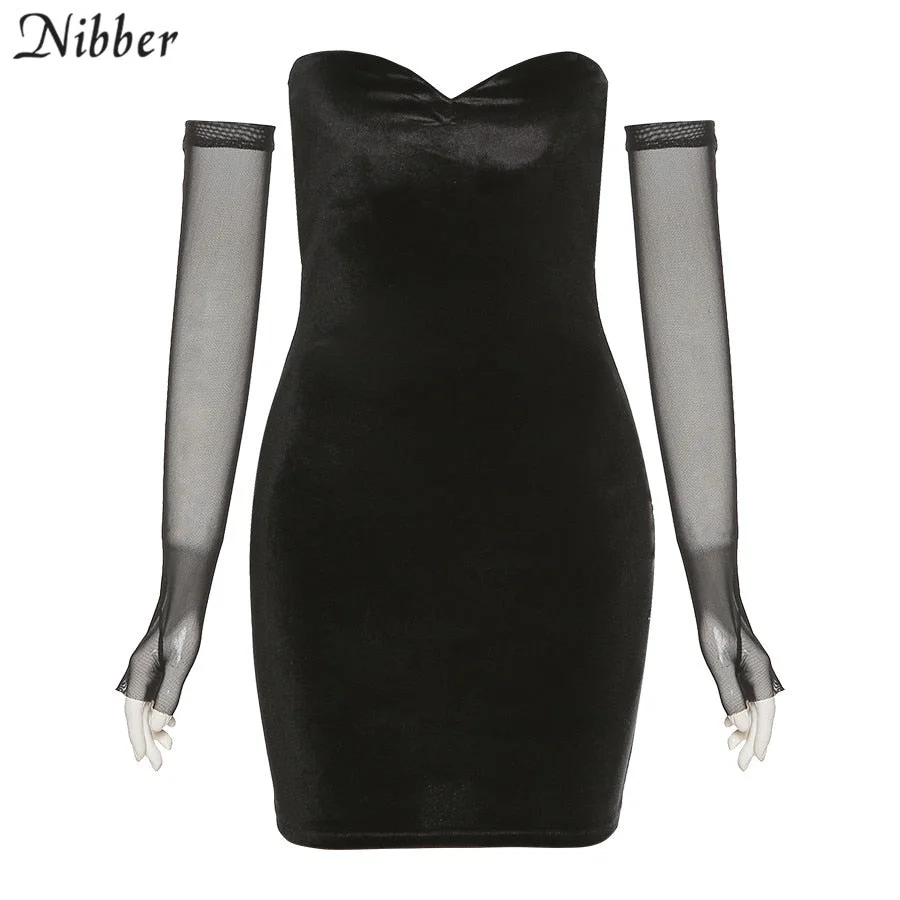 Nibber Elegant Black Flannel Off Strapless Party Bodycon Dresses Women's 2021 New Year Sexy Backless Tube Top Mini Dress Female
