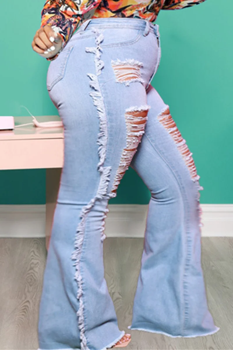 Light Blue Fashion Casual Solid Ripped Plus Size Jeans | EGEMISS