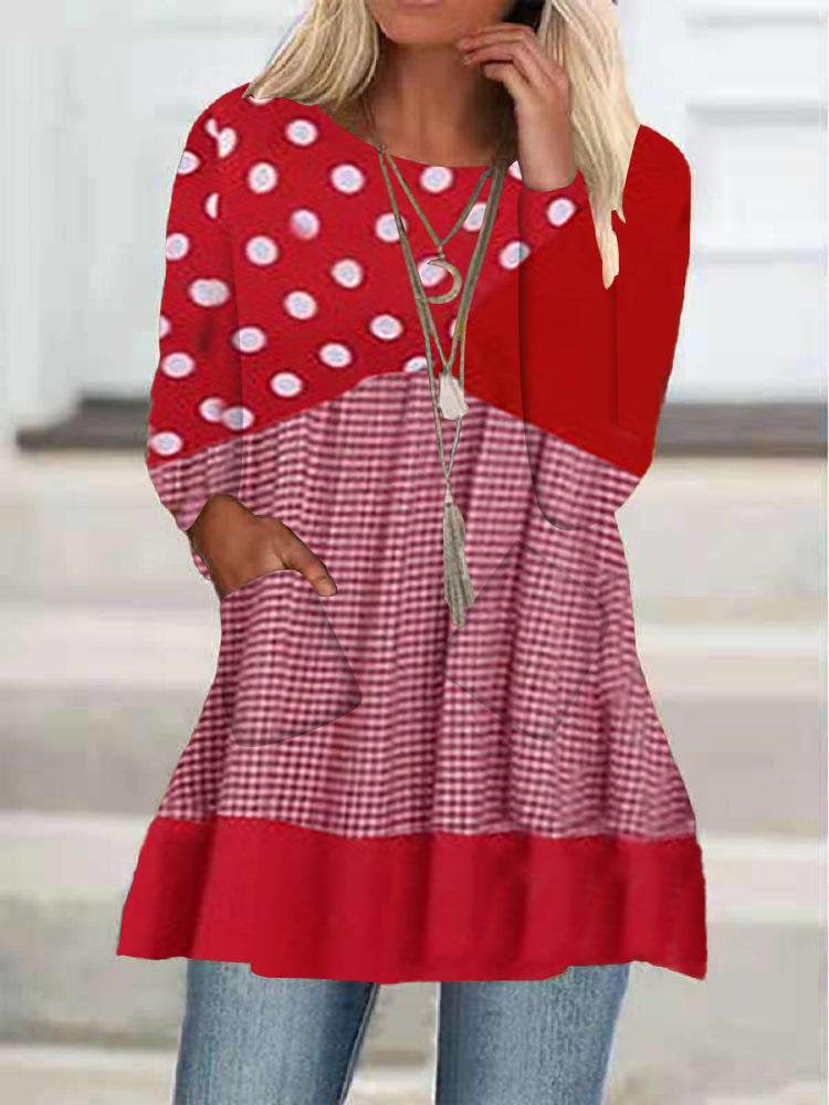 Women's Long Sleeve Scoop Neck Printed Graphic Stitching Top