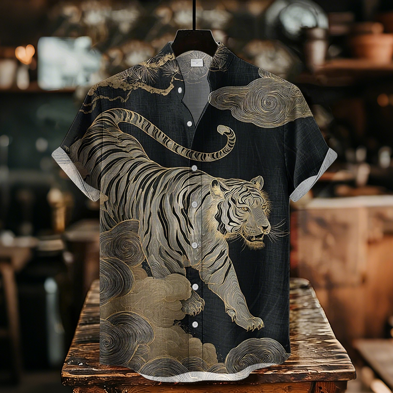 Men's Vintage Tiger Japanese Art Print Casual Shirt  artssus
