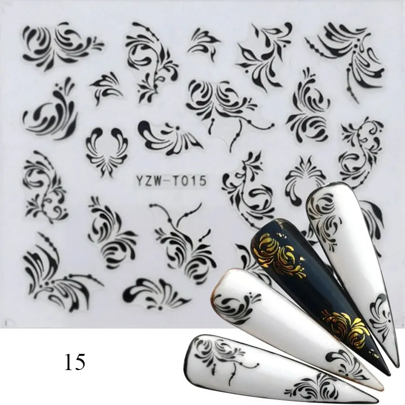 1 Sheet 3D Stickers For Nails Black Letter Leaf Flower Patterns Slider Nail Art Manicure Adhesive Tips Decals DIY Decorations-Nail Inspo
