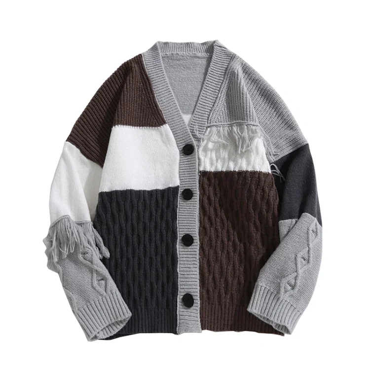 Demandernyc Hong Kong Style Color-blocked Tassel Retro Sweaters Cardigan for Men/Women V-neck Youth Trendy Loose Casual Knitted Jacket Tops