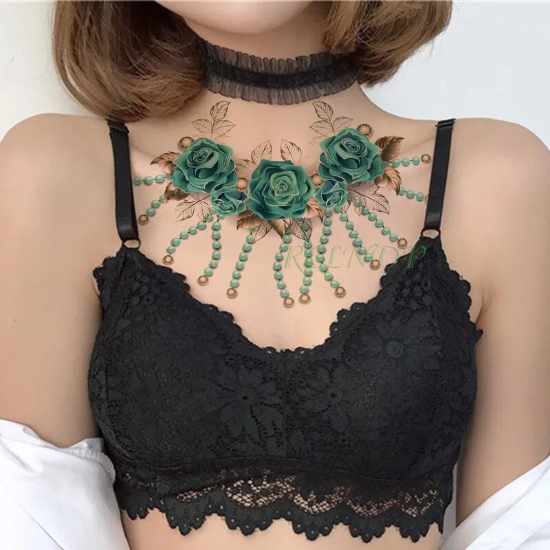 Sdrawing Temporary Tattoo Sticker peony flower diamond necklace fake tatto flash tatoo stickers art tattoos for girl women men