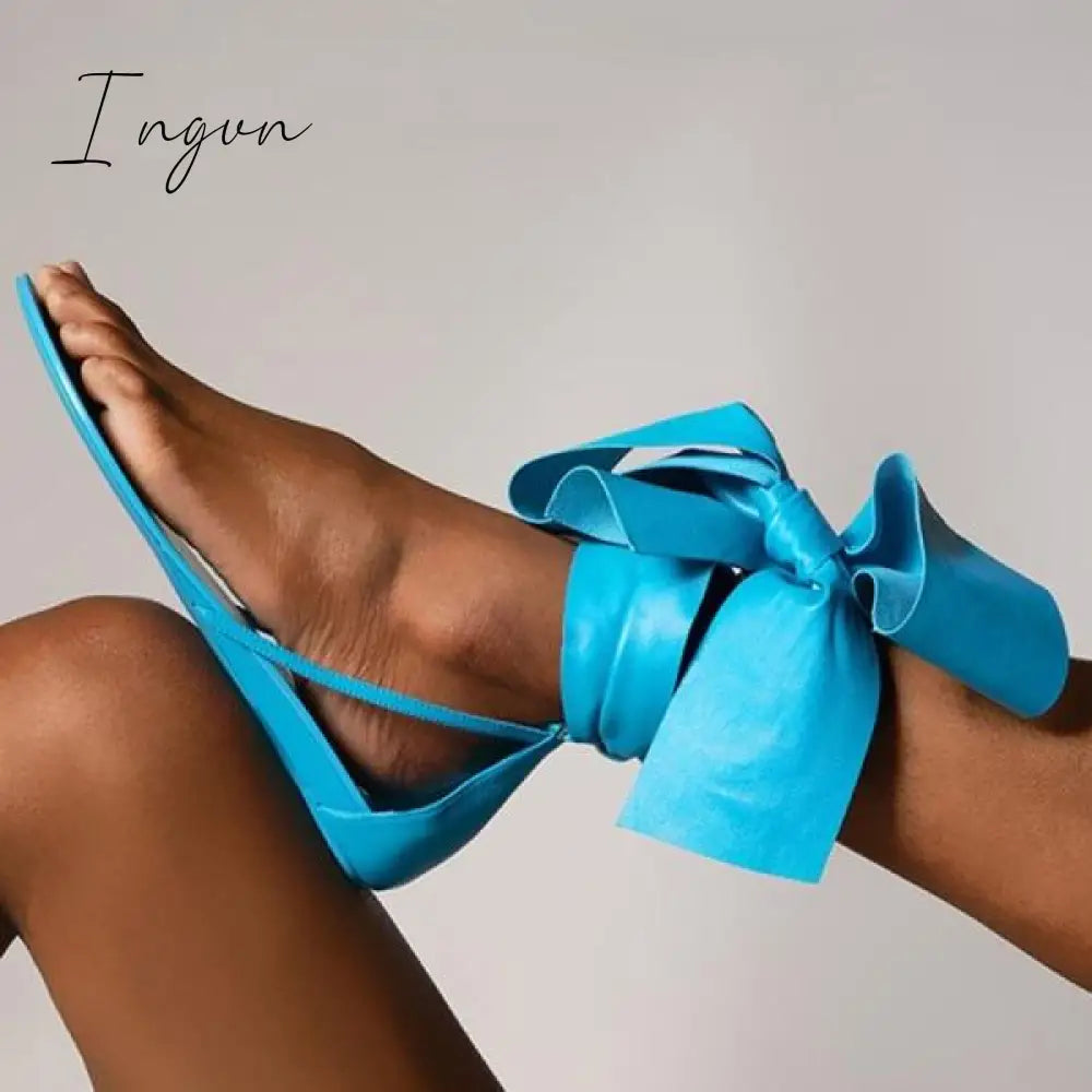 Ingvn - Women Gladiator Thong Summer Ankle Wrap Flat Sandals Blue / 5