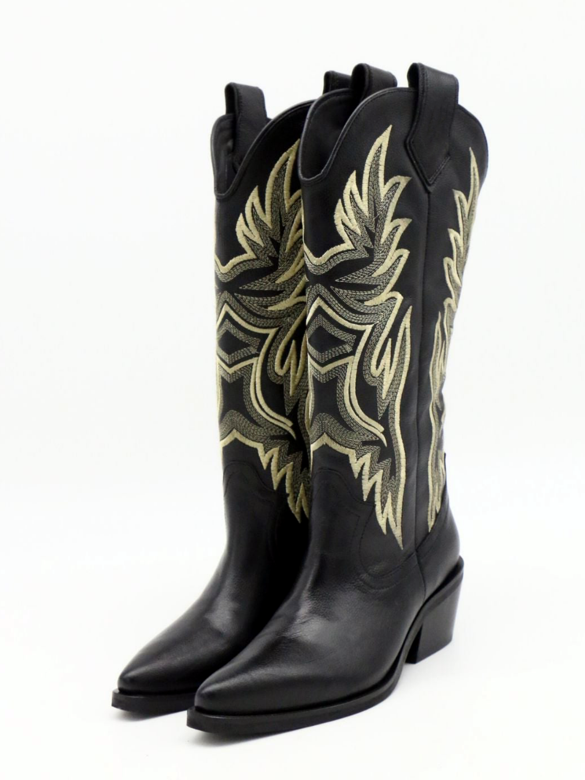Taafo Black Vegan Leather Snip-Toe Embroidery Wide Mid Calf Tall Cowgirl Boots