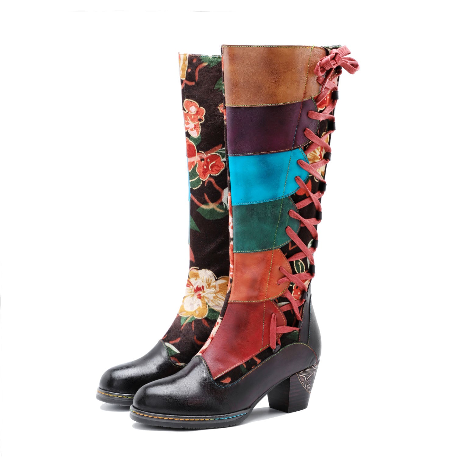 Women'sLeather Handmade Embossed Adjustable Boots