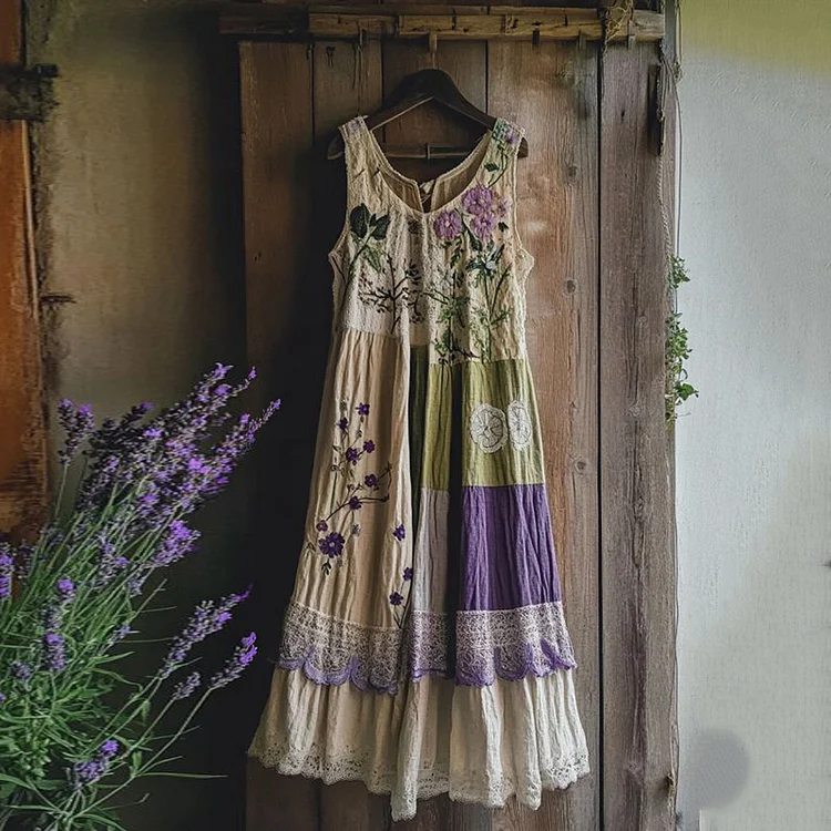 Utbros Vintage Tribal Embroidered Violet Lace Floral Art Linen Dress