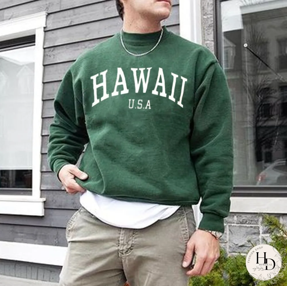 Retro Men's Hawaiian Letter Crew Neck Sweatshirt