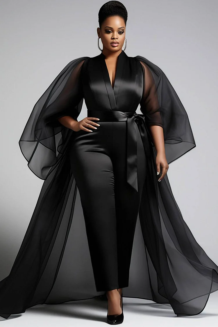 Xpluswear Design Plus Size Formal Tulle Black V Neck Puff Sleeve 3/4 Sleeve See Through Peplum Satin Jumpsuits [Pre-Order]